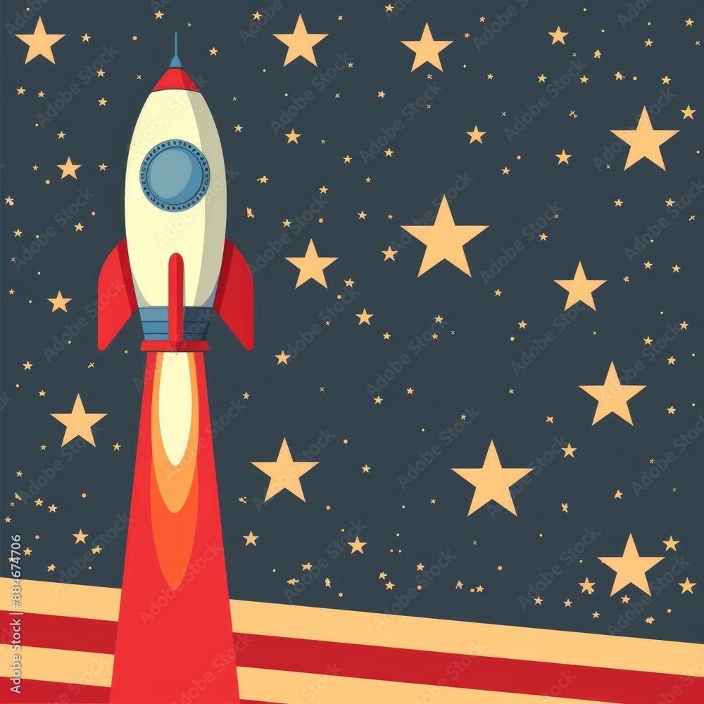 Poster a rocket propelling through the atmosphere with stars shining bright in the background