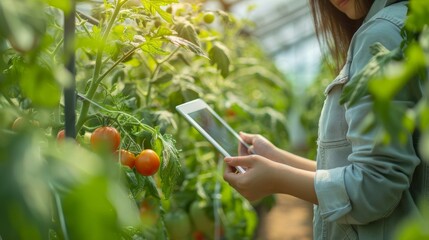 Asian farmer using mobile tablet in organic hydroponic tomato garden in greenhouse garden. Hydroponic salad garden owner, working woman