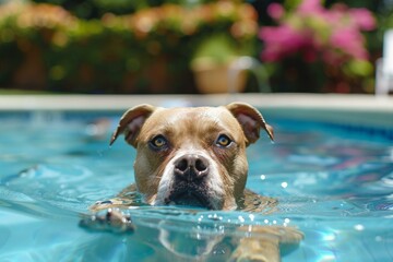 Closeup of a dog's face with expressive eyes while swimming in a clear blue pool