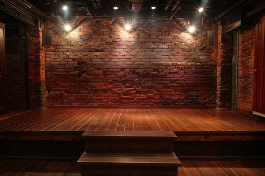 An empty stage in a jazz club, with a small wooden platform, dark brick walls, and a few spotlights creating an intimate atmosphere. 