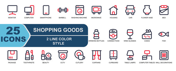 Icon set in a 2 line color style with a shopping item theme. contains pieces of cake, fish, fresh food, package, delivery, toothpaste, lipstick and mirrors, CCTV.