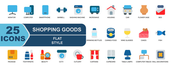icon set of shopping goods simple flat style.house,housing,car,vehicle,flower vase,bed,mattresses,blankets,drinking bottles,mineral water,canned food and more.