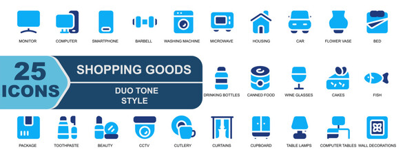 shopping goods collection icon.blue duo tone style.monitor,television,computer,electronics,smartphone,barbell,washing machine,microwave.
