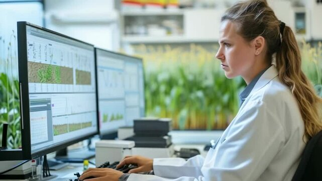 A young Caucasian female scientist wearing a lab coat is working on dual computer screens in an agricultural research lab. The lab has plant samples and agricultural tools. The atmosphere is focused