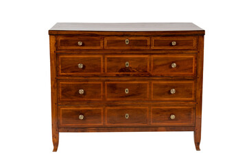 an antique table Front side of Large rectangular old vintage brown work desk wooden table with 5 drawers including 4 small drawers side and large drawer in the  with twelve drawer on white backgrounds