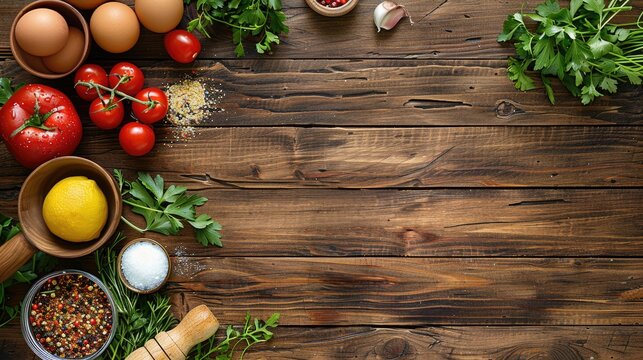 Cooking scene with ingredients on wooden table top view with space for text