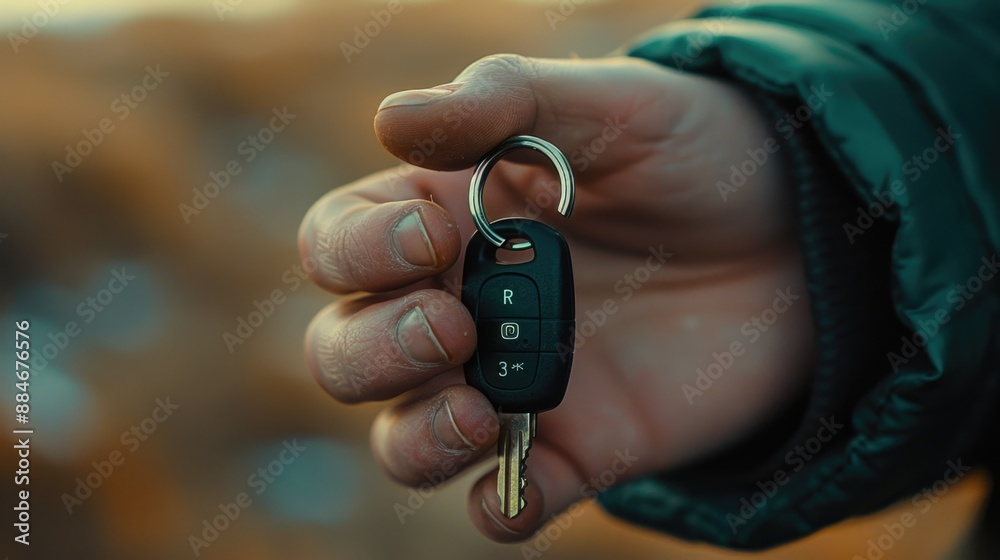 Poster A person standing with a car key in hand, ready to unlock a vehicle