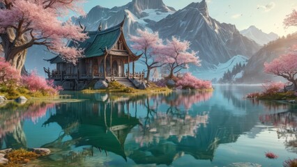 Fototapeta premium Tranquil Lakeside Temple with Cherry Blossoms.