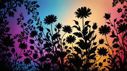 Naklejka premium Silhouette of Flowers with a Colorful Gradient Background.