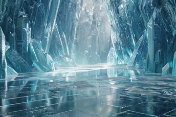 A giant crystal cave, with shimmering crystal formations, a reflective floor, and a soft, magical light emanating from the crystals. 