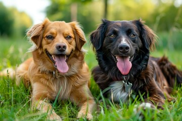 Golden and a black dog with tongues out sitting in the grass, looking cheerful