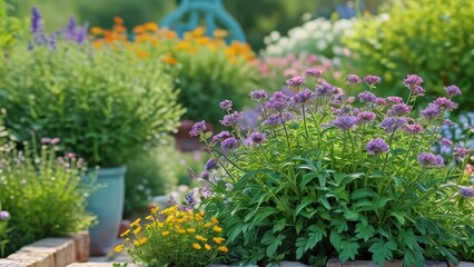 Fototapeta premium Purple flowers in a green garden.