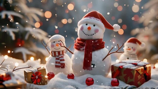 A snowman family, with two adults and a child, stands cheerfully amidst a snowy forest. Each snowman wears a Santa hat and scarf. Gift boxes and ornaments surround them, under falling snowflakes.