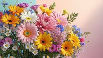 Colorful Flower Bouquet on Pink and Blue Background.