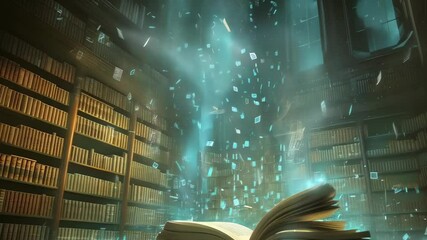 Floating books emitting a magical glow soar through the air in a large, ancient library at night. The ambiance is mystical, with rows of shelves filled with old books and a mysterious light