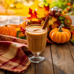 A festive autumn pumpkin spice smoothie garnished with a cinnamon stick, set on a rustic wooden table with pumpkins and fall leaves in the background.