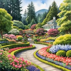 Watercolor Illustration Butchart Gardens, on Vancouver Island British Columbia, a world-famous botanical garden known for its stunning floral displays and beautifully landscaped garden