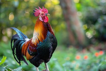 Colorful rooster standing proudly in a lush garden with vibrant greenery
