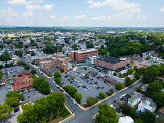 Aerial drone view of a hospital. 