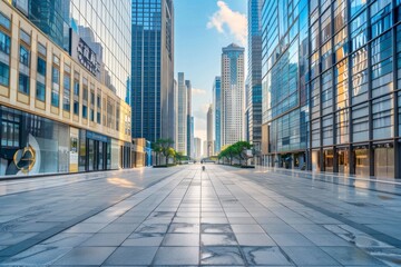 Fototapeta premium An empty street in the center of the frame, surrounded by skyscraper buildings