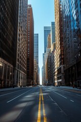Obraz premium An empty street in the center of the frame, surrounded by skyscraper buildings