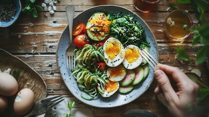 Luxury breakfast with eggs and fresh avocado fruit