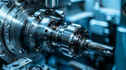 Photo of a CNC lathe (lathe) cutting a metal screw thread section with a lathe cutter. The concept of using high-precision CNC machines