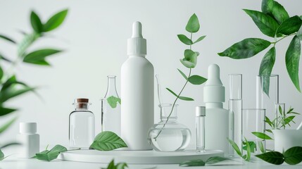 Cosmetic jar container with green herbal leaves and scientific glassware. Blank label package for branding mockup Nature research and development