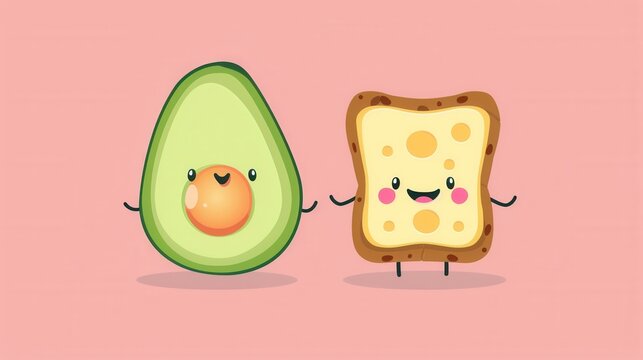 Cute cartoon character of avocado and toast bread slice