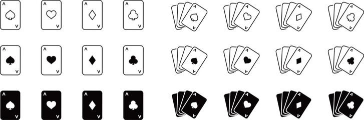 ベクターでモノクロのトランプの線画とシルエットのアイコンセット