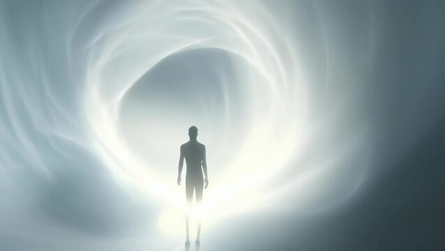 An individual, possibly of unknown age and gender, stands silhouetted against a swirling vortex of light. The surreal scene suggests a dream-like or otherworldly setting, evoking mystery and intrigue.