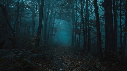 Dense misty forest with a path passing through at night, stunning dark forest scenery. Beautiful dark forest landscape shrouded in fog. Deep forest and moody trees Mysterious and scary forest