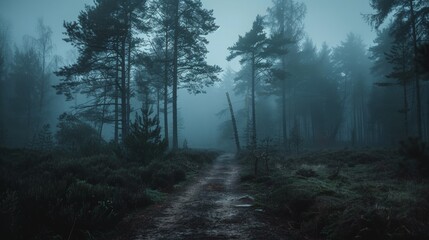 Fototapeta premium Dense misty forest with a path passing through at night, stunning dark forest scenery. Beautiful dark forest landscape shrouded in fog. Deep forest and moody trees Mysterious and scary forest