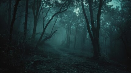 Fototapeta premium Dense misty forest with a path passing through at night, stunning dark forest scenery. Beautiful dark forest landscape shrouded in fog. Deep forest and moody trees Mysterious and scary forest