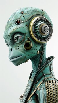 Close-up of a futuristic alien with intricate mechanical details on a white background, showcasing advanced sci-fi character design.