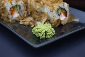 Sushi Roll with Bonito Flakes and Wasabi Detail