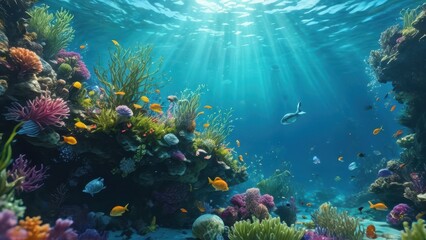 Fototapeta premium Underwater Coral Reef with Fish and Sunbeams.