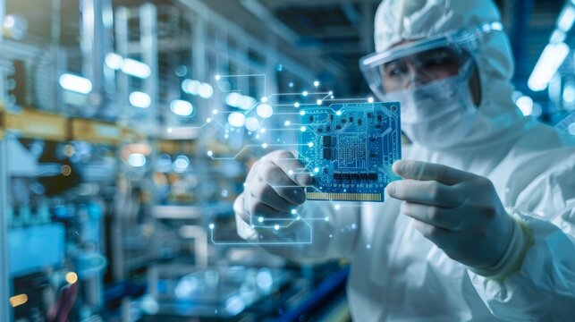 Male engineer in sterile suit holding microchip with symbol in modern design factory Futurism and Artificial Intelligence