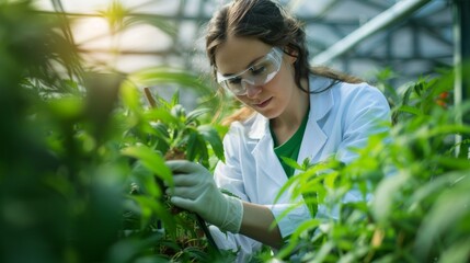 Female scientist examining plants in a greenhouse farm Scientist holding equipment for research plant on organic farm Quality Control for Hydroponics