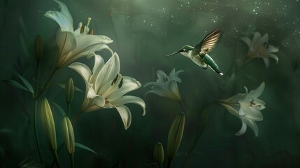 Panoramic View of Hummingbird and Lily Blooms