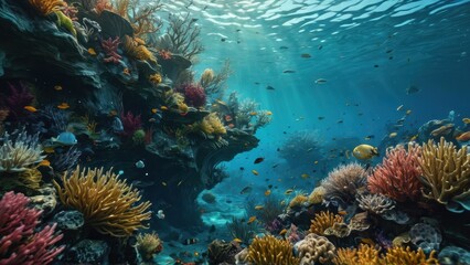 Fototapeta premium Underwater Coral Reef with Fish and Sunbeams.