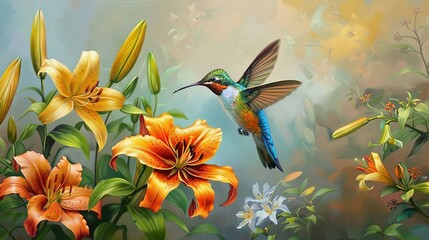 Hummingbird Hovering Beside Lilies: Panoramic Perspective