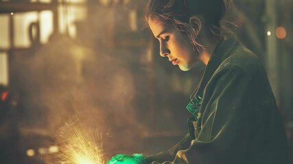 A young American woman in a workshop welds metal, surrounded by flying sparks. She wears protective clothing and gear, focused on her task amidst a warm, glowing light. The scene exudes determination
