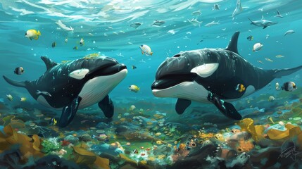 Obraz premium whales, dolphins, fish swimming in pollution dirty ocean