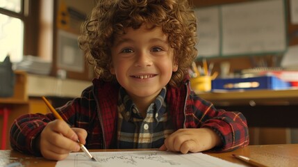 Smiling child painting on paper with blurred background, providing ample space for additional text