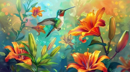 Panoramic Scene of Hummingbird Hovering by Lily Flowers