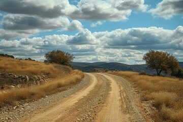 Fototapeta premium Tranquil dirt road winding through a serene rural landscape with lush clouds overhead