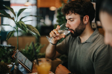 Casual businessman sipping a drink and working on a tablet in a modern coffee bar setting with lush...