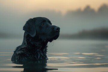 Early morning duck hunt, Labrador Retriever in water, focused and alert, foggy backdrop, space for text