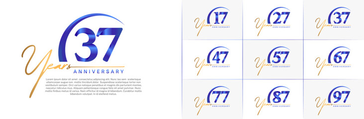 anniversary logotype set vector, gold and blue color with swoosh for special day celebration